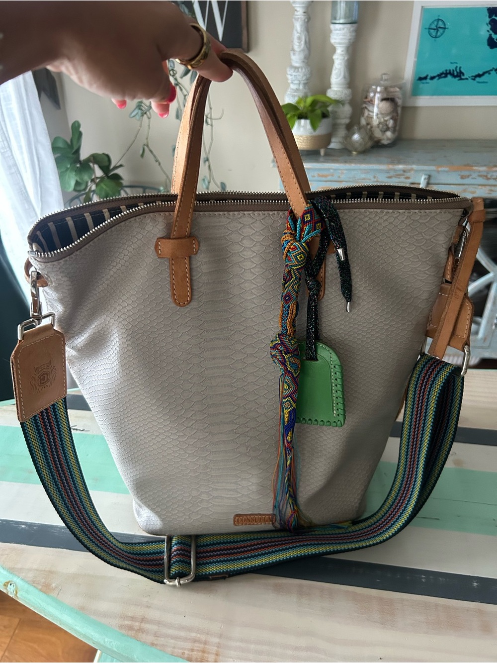 Consuela Thunderbird Cream Textured Bag w/ Tan Handles, Multicolor Strap, Charms